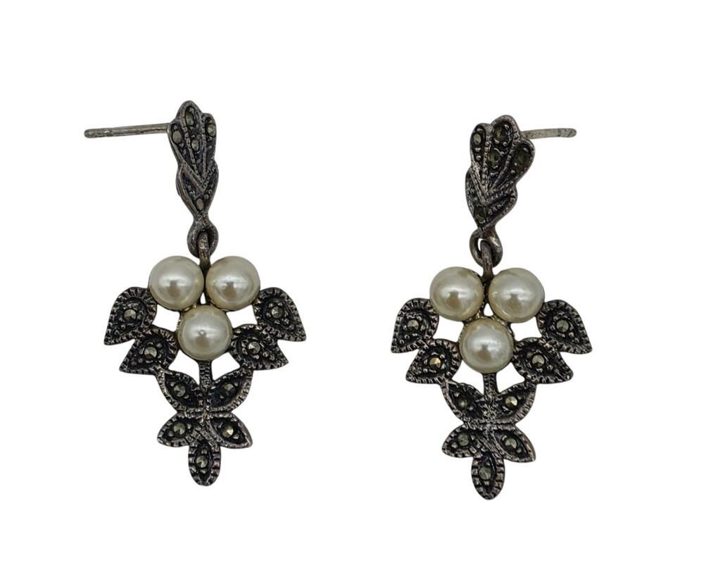 Vintage Sterling Silver Marcasite and Faux Pearl Dangle Earrings
